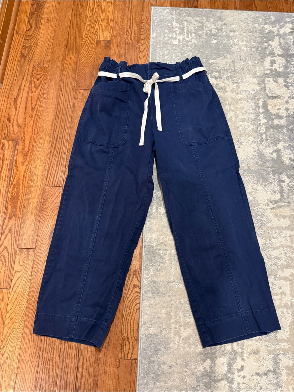 LOFT Navy Paperbag Waist Barrel Leg Drawstring Trousers